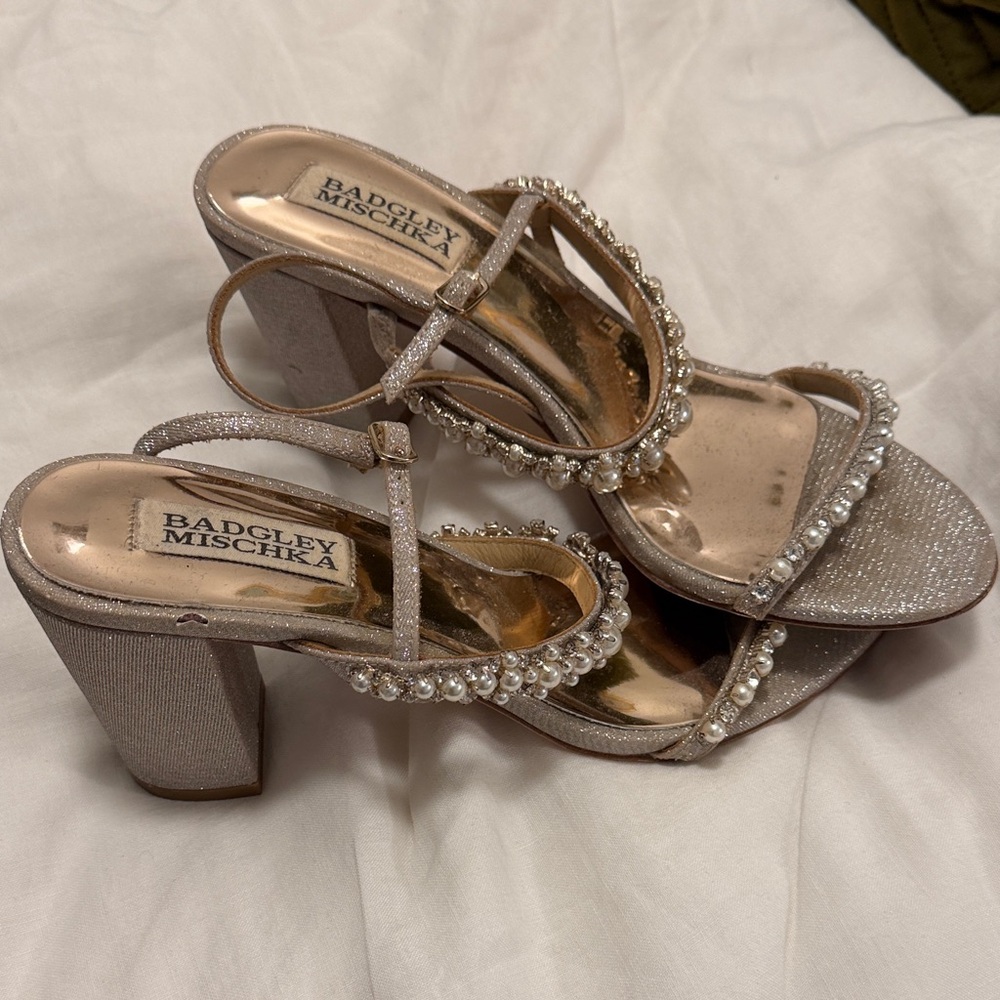 Badgley Mischka Rose Gold Pearl-Embellished Block Heel Sandals